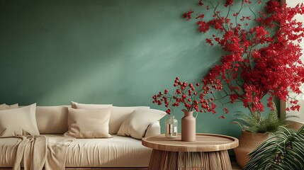 an image of a warm and inviting interior with a green wall mockup, round wooden table, beige sofa, and tastefully arranged red flowers