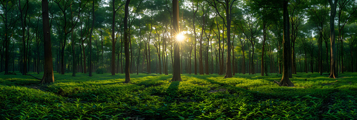 Rubber Plantation Chupp,
Sunlight glistening off of forest trees a green wood backdrop and a blue sky
 - obrazy, fototapety, plakaty