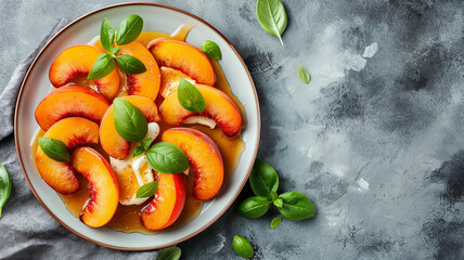 Fried peaches with honey and mascarpone in a beautiful dish. Fresh fruits in a dish. Fruit dessert in close-up with bokeh in the background, delicious food. - obrazy, fototapety, plakaty