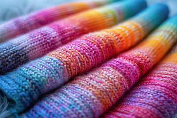 Colorful pastel woolen sweaters are carefully folded and stacked on the shelves of a winter...