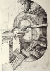 Creative Building Sketch with Staircase and Window