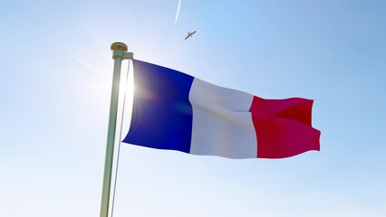 4K UHD. Flag of France waving in the wind, sky and sun looped video. France Flag Video. 