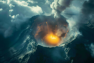 Fiery volcanic crater erupting with smoke and lava. A dramatic display of Earth's geothermal power for educational and environmental impact studies - obrazy, fototapety, plakaty