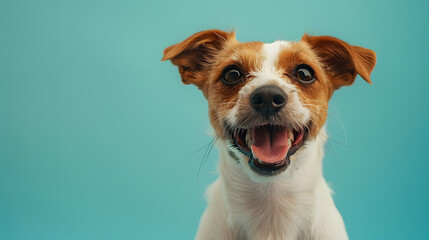 A Fawn Terrier, a breed in the Sporting Group, is wearing a collar and displaying a friendly smile with whiskers while looking at the camera on a blue background - obrazy, fototapety, plakaty