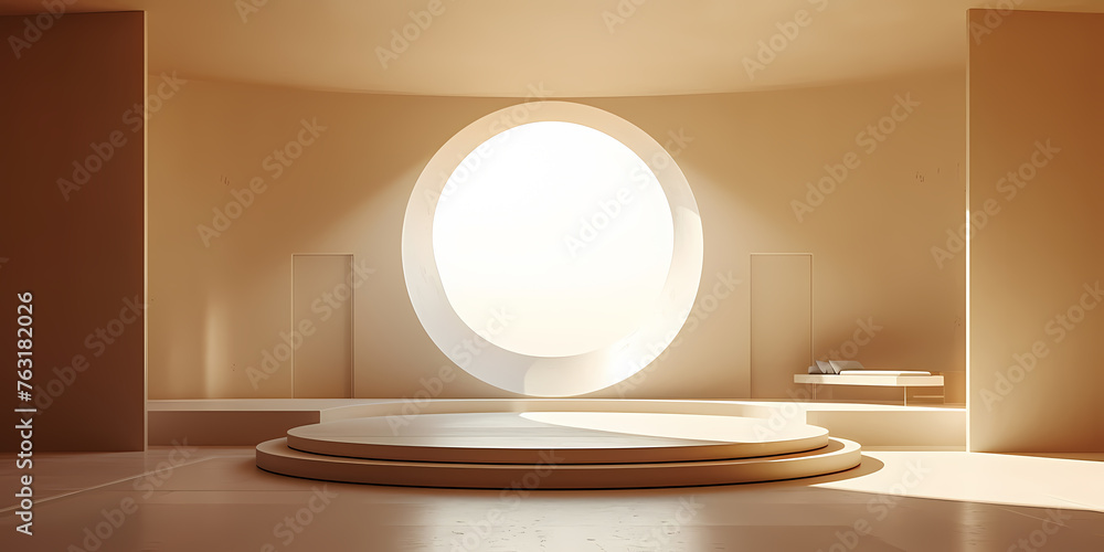 Poster abstract beige background with empty podium - a round podium with a round window