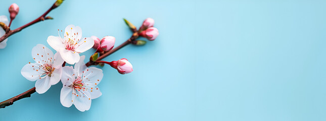 Cherry blossoms flower on blue copy space