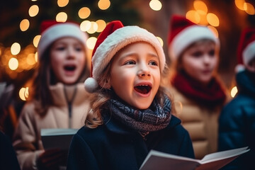 Excited Children in Santa Hats Singing Carols on Christmas Eve