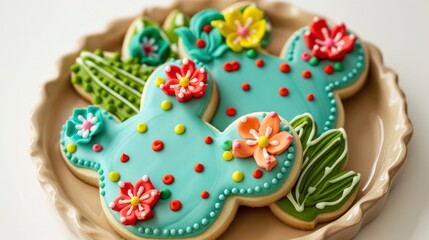 Fototapeta na wymiar Cinco de Mayo day concept decorated sugar cookies in the shape of cacti with vibrant green and blue icing with bright red or yellow flowers.