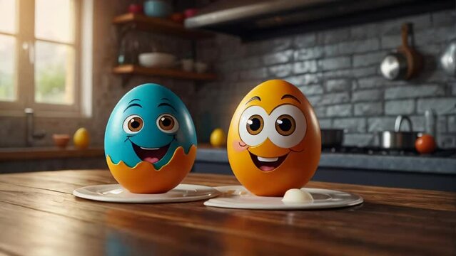 Whole happy cartoon egg in the kitchen