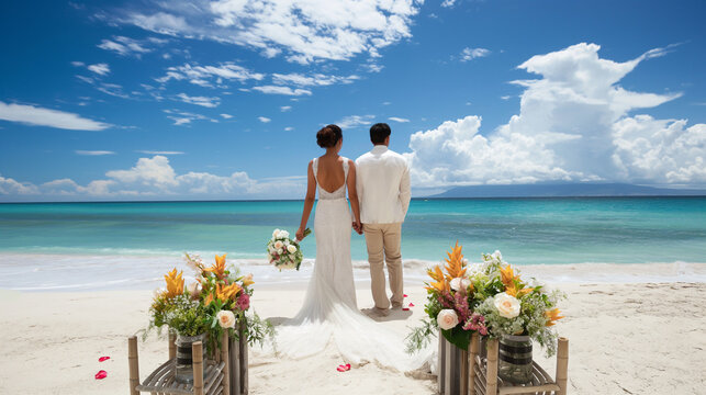 Traumhochzeit am Strand mit Hochzeitspaar Blüten im Sand und Wind im Haar Generative AI