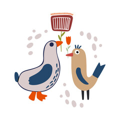 Autumn design in flat style, natural fall elements. Hand-drawn bird and leaves clipart. Isolated vector illustration on white background for postcards, textiles, websites and social media