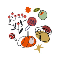 Autumn design in flat style, natural fall elements. Hand-drawn bird and leaves clipart. Isolated vector illustration on white background for postcards, textiles, websites and social media