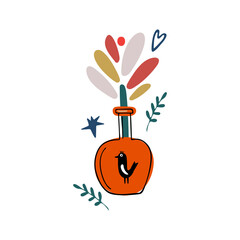 Autumn design in flat style, natural fall elements. Hand-drawn abstract vase with fruits and berries. Decorative Isolated vector illustration on white background for postcards, textiles, websites