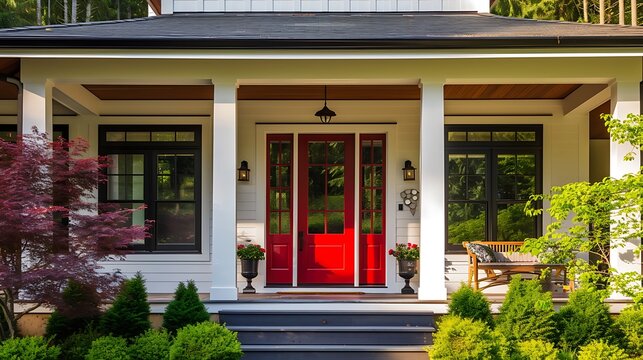 an image of a welcoming farmhouse exterior with a red front door and a porch with wood and vinyl siding