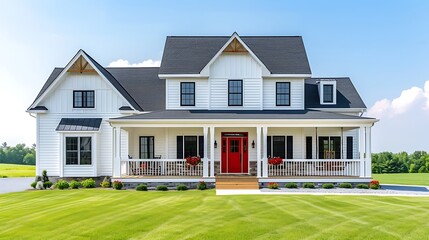 an image of a welcoming farmhouse exterior with a red front door and a porch with wood and vinyl siding