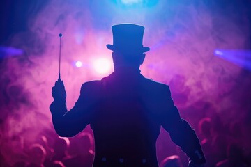 The back view of a male magician or illusionist in a suit and top hat, holding a magic wand on stage with dramatic backlit lighting, suggesting a moment of suspense before a magic trick is revealed - obrazy, fototapety, plakaty