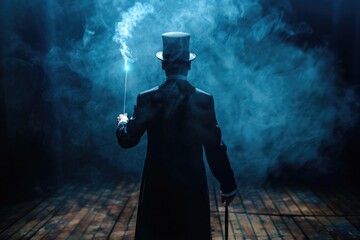 The back view of a male magician or illusionist in a suit and top hat, holding a magic wand on stage with dramatic backlit lighting, suggesting a moment of suspense before a magic trick is revealed - obrazy, fototapety, plakaty