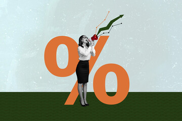 Composite photo collage of happy businesswoman scream loudspeaker luck success arrow up percent...