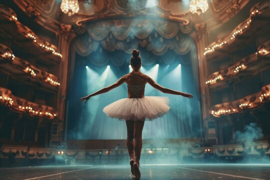 Fototapeta A ballerina on stage, mid-performance, with the grandeur of the theater setting visible around her. Her pose captures a moment of elegance