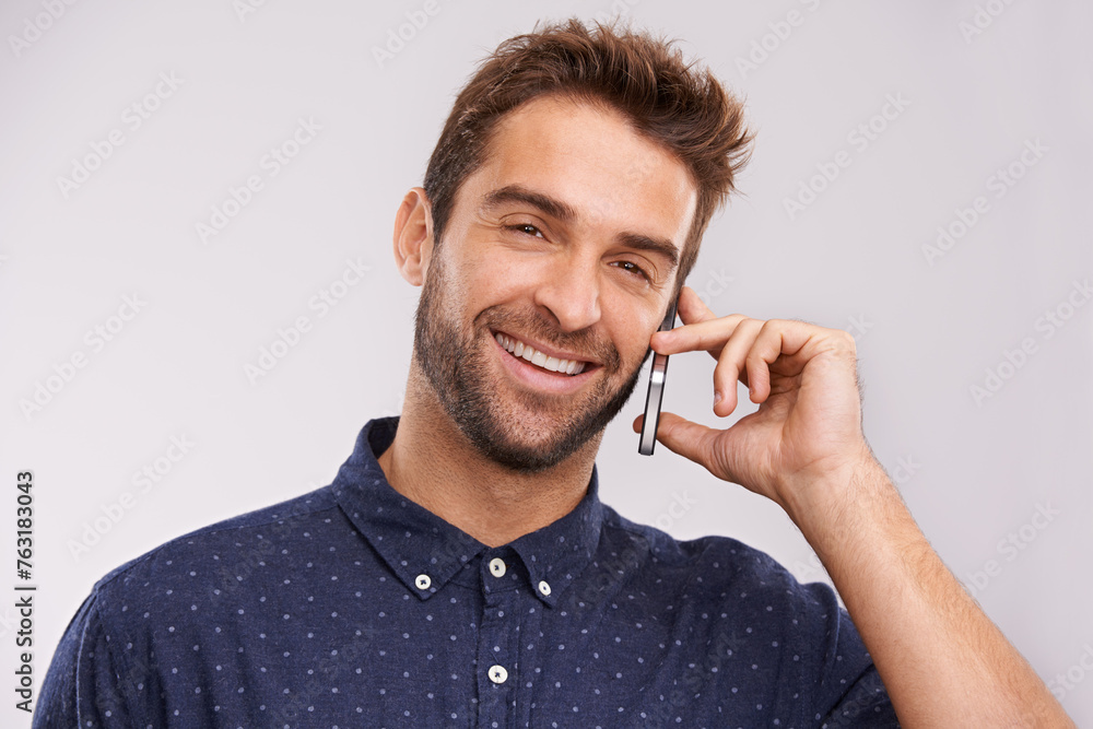 Aufkleber networking, communication and portrait of phone call with man in studio, background and mockup. happ
