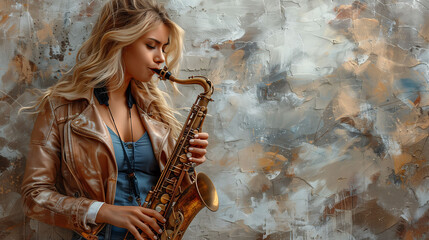 Blonde woman playing saxophone against abstract background. - obrazy, fototapety, plakaty