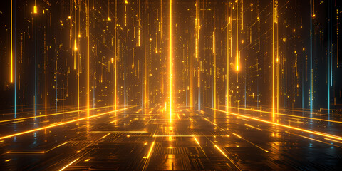 Abstract Neon Background, Modern Wallpaper With Glowing Gold Vertical Lines - A Glowing Lines And Dots In A Room