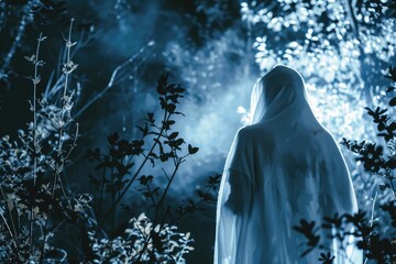 A ghostly figure in the woods at night, creating a spooky or horror-themed scene, perhaps associated with storytelling or entertainment