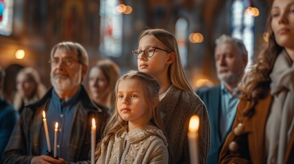 family at church Hold candles and pray together during an Easter service in a vintage cathedral, with others in the background. ai generated.