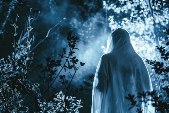 A ghostly figure in the woods at night, creating a spooky or horror-themed scene, perhaps associated with storytelling or entertainment
