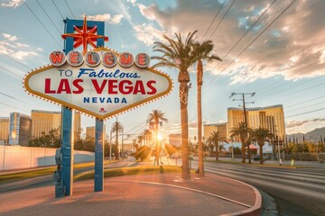 The iconic "Welcome to Fabulous Las Vegas Nevada" sign set against a sunset, represents the excitement and allure of the famous city known for its vibrant nightlife and casinos