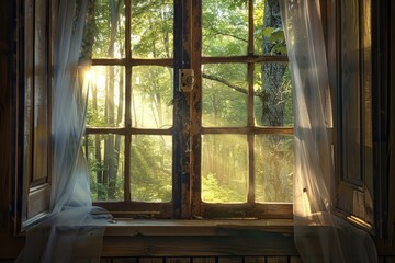 An enchanting view through a wooden window frame with transparent curtains, looking out into a fairytale forest bathed in sunlight, evoking a sense of wonder or escape into a storybook world