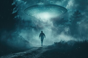 A dramatic scene with a man seemingly running away from a UFO, surrounded by mist, creating a narrative of science fiction or extraterrestrial encounter