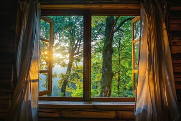 An enchanting view through a wooden window frame with transparent curtains, looking out into a fairytale forest bathed in sunlight, evoking a sense of wonder or escape into a storybook world