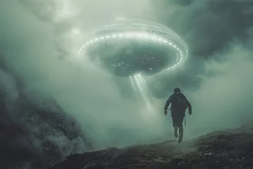 Fotobehang A dramatic scene with a man seemingly running away from a UFO, surrounded by mist, creating a narrative of science fiction or extraterrestrial encounter © romanets_v