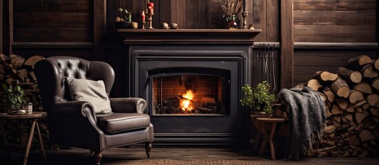 Fototapeta premium An interior design featuring a living room with a hardwood floor, a fireplace with a hearth, and a cozy chair for relaxation