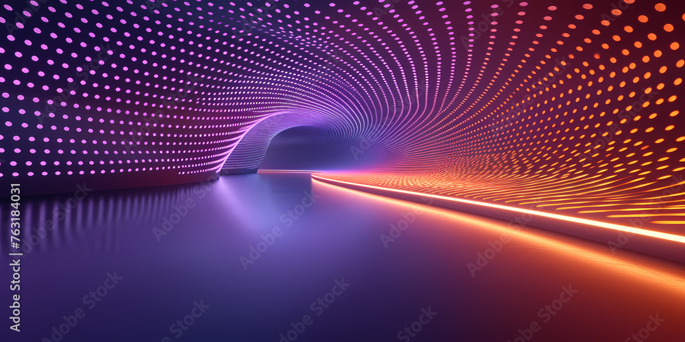 Poster abstract neon background, empty tunnel with pink glowing lines - a tunnel with lights and a reflecti