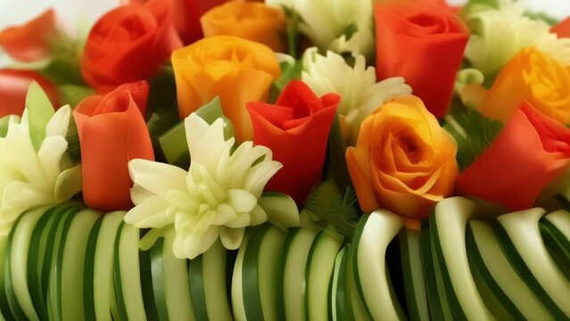 A medley of cucumber spears entwined with julienne carrots and red bell peppers creates an arrangement that bursts with color, adding a vibrant touch to any dish. The cucumbers shape is