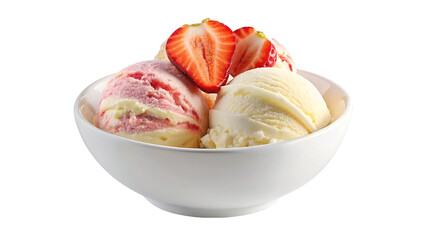 Vanilla and strawberry ice cream in a bowl. isolated on transparent background.