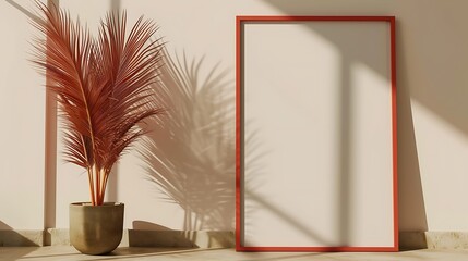 an image of Generate a minimalist living room design with a red mock-up picture frame, dried...