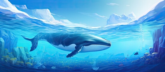 A bottlenose dolphin is gracefully gliding through the underwater world, surrounded by icebergs. This scene showcases the beauty of marine biology and the fluidity of water