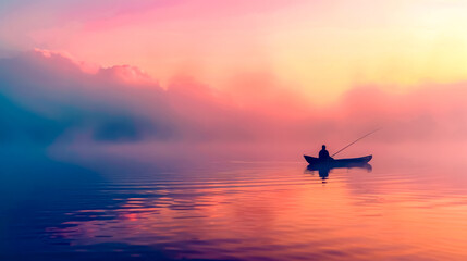 Fototapeta na wymiar Lone fisherman in a boat on a tranquil lake with a vivid sunrise backdrop