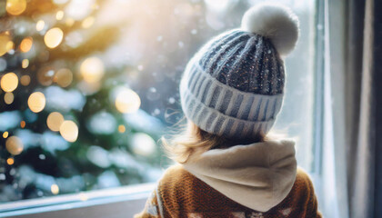 Blonde toddler in beanie waits at window for Santa, embodying innocence and anticipation - obrazy, fototapety, plakaty