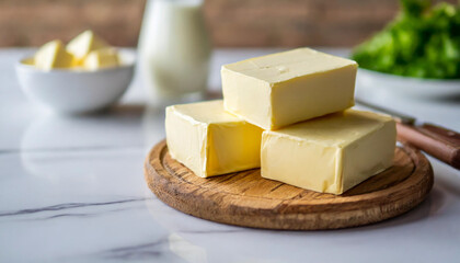 Blocks of butter on white kitchen surface symbolize indulgence and purity, evoking notions of richness and health-conscious living and possible cholesterol issues 