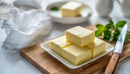 Blocks of butter on white kitchen surface symbolize indulgence and purity, evoking notions of richness and health-conscious living and possible cholesterol issues 