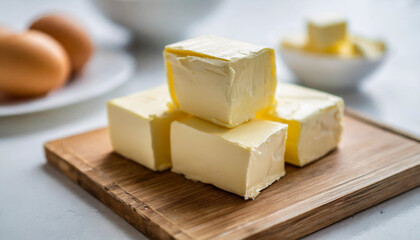 Blocks of butter on white kitchen surface symbolize indulgence and purity, evoking notions of richness and health-conscious living and possible cholesterol issues 