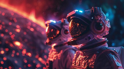 Astronauts Gazing At Cosmic Lights, Futuristic Space Suits With Reflective Visors, Sci-Fi Poster. Human Space Flight, Space Exploration, and Science Fiction. AI Generated