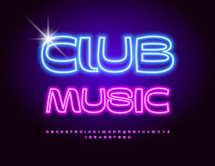 Vector glowing banner Club Music. Violet neon Font. Funny set of Alphabet Letters and Numbers.
