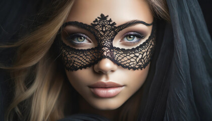 woman wearing a black lace mask, evoking mystery and allure at a masquerade party
