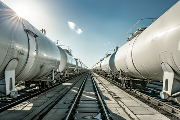Fototapeta na wymiar Dual Row of Hydrogen Tankers on Railroad in Sunshine