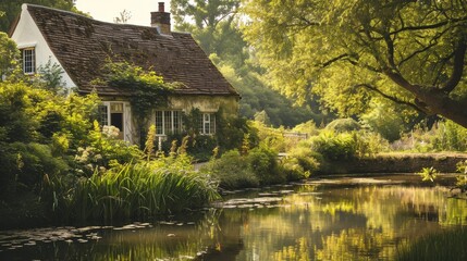 Fototapeta na wymiar A serene countryside cottage with a tranquil pond and lush greenery AI generated illustration